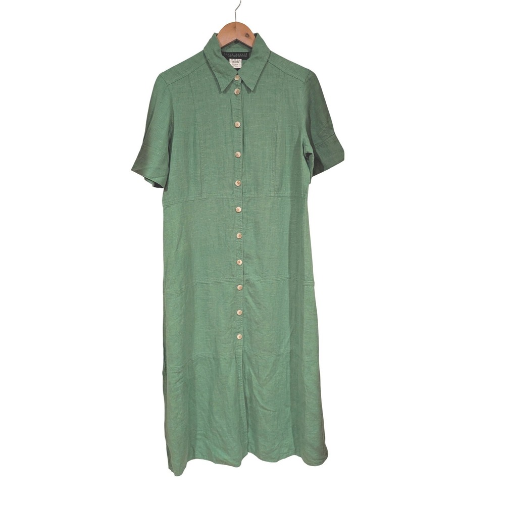 Harve Benard Linen Button Front Dress 12 Green Short Sleeve Midi Lagenlook Boho